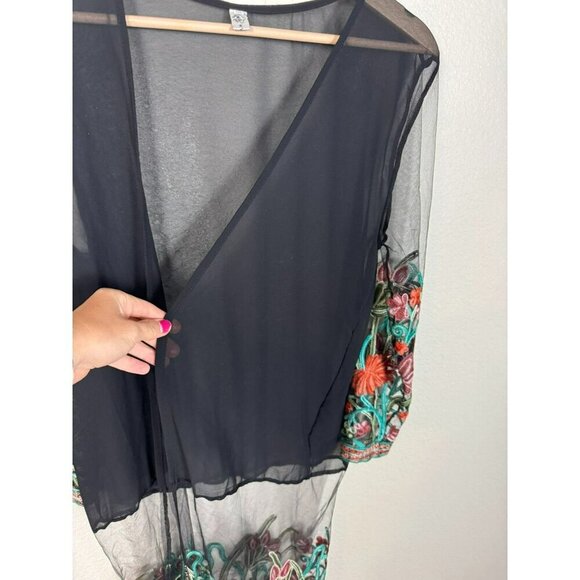 Womens Kimono Cover Up Long Size XXL Black Sheer Floral Embroidered Fringed - Picture 5 of 13
